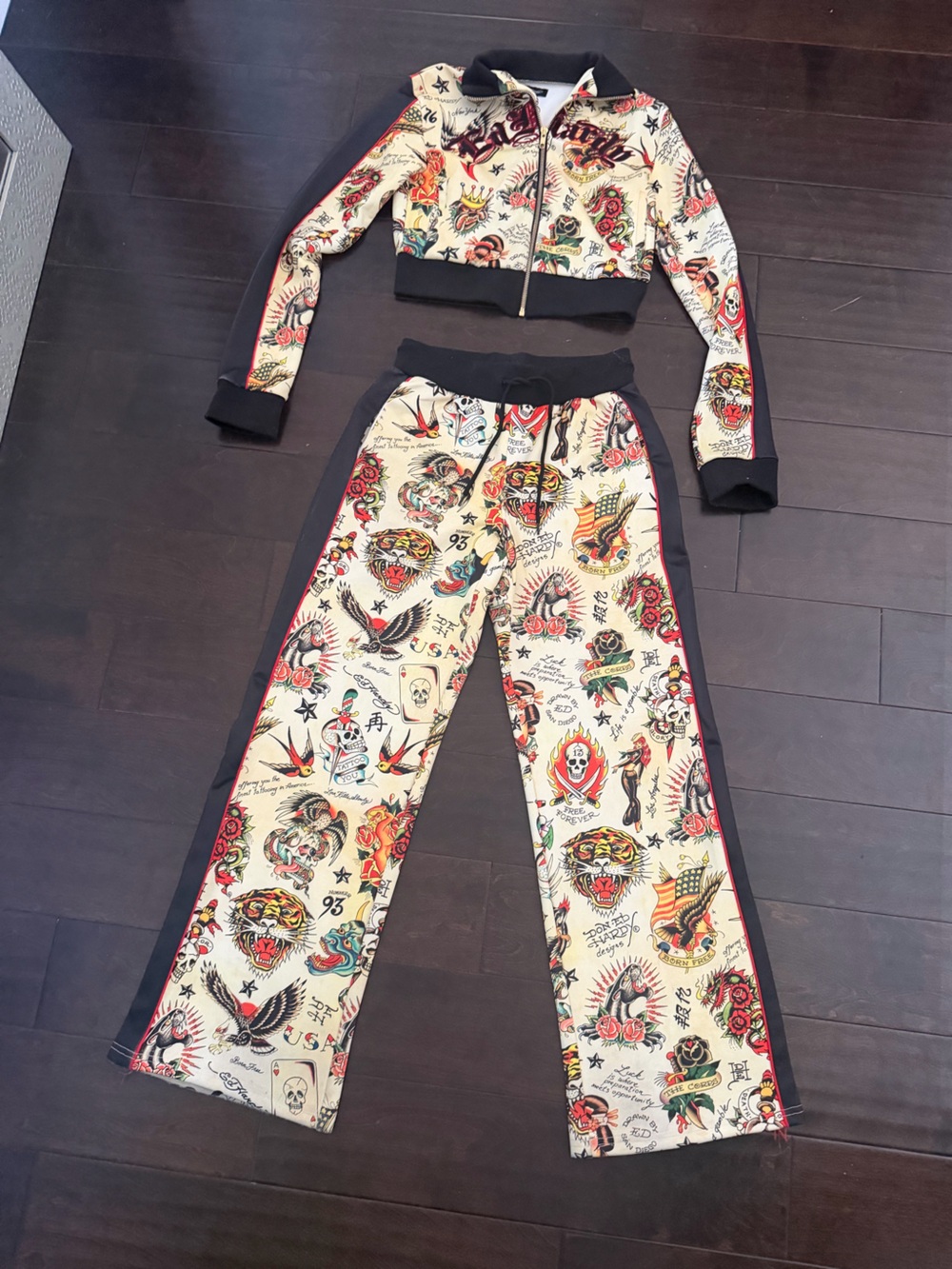 Ed Hardy Women’s Cropped Tattoo-Print Track Jacket & Pants Set - Cream